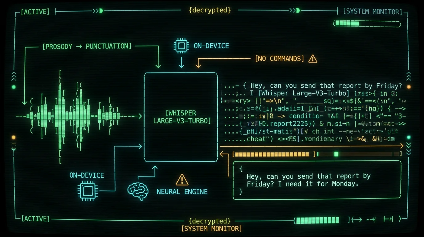Diagram showing how local Whisper AI dictation predicts smart punctuation from audio on Mac without voice commands