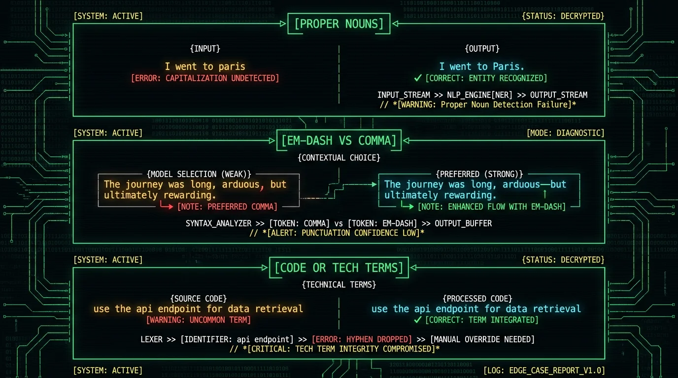 Diagram showing common Whisper punctuation errors in local AI dictation: proper nouns, em-dashes, and tech terms