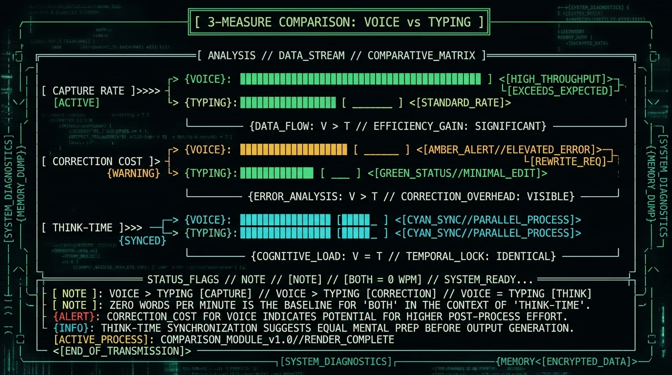 Bar chart comparing voice and typing across capture rate, correction cost, and think-time