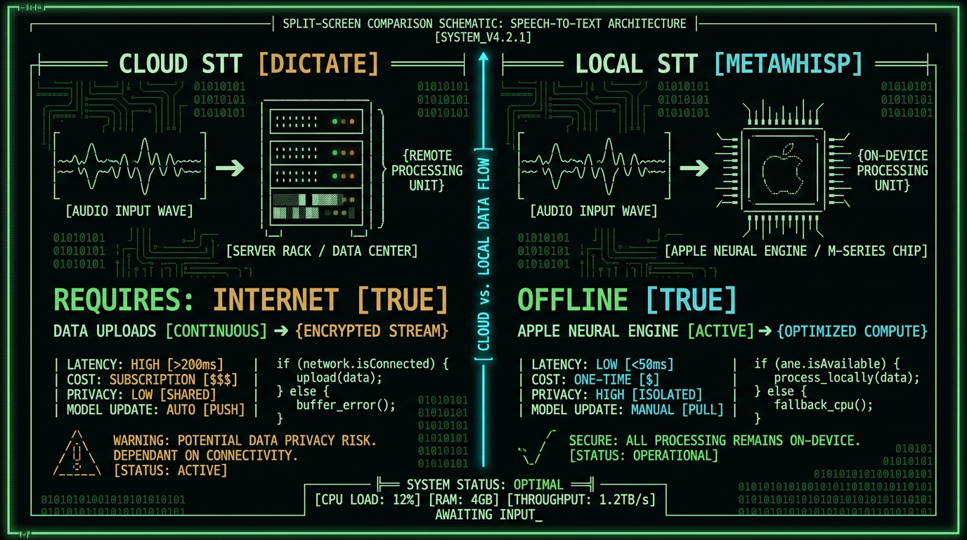 Cloud-based Microsoft Dictate vs offline MetaWhisp local speech-to-text architecture comparison for Mac users