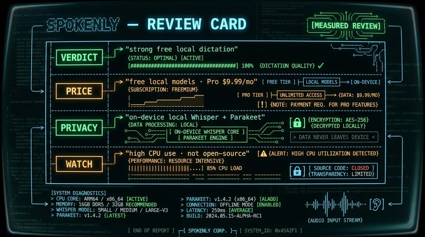 Spokenly review card showing strong free local Mac dictation with free local models or Pro at 9.99 per month on-device privacy and high CPU use plus closed source as the trade-offs