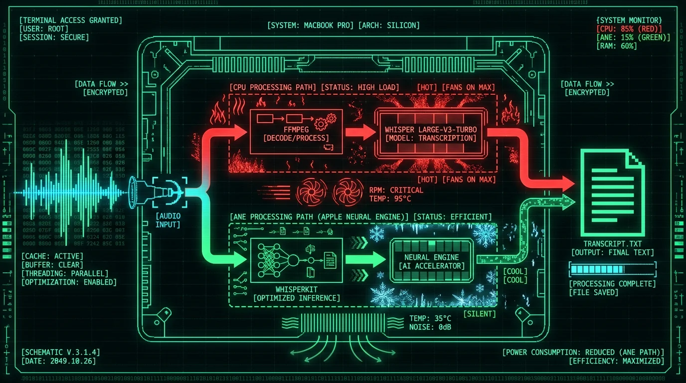 Schematic diagram showing CPU vs Neural Engine paths for Whisper transcription on MacBook