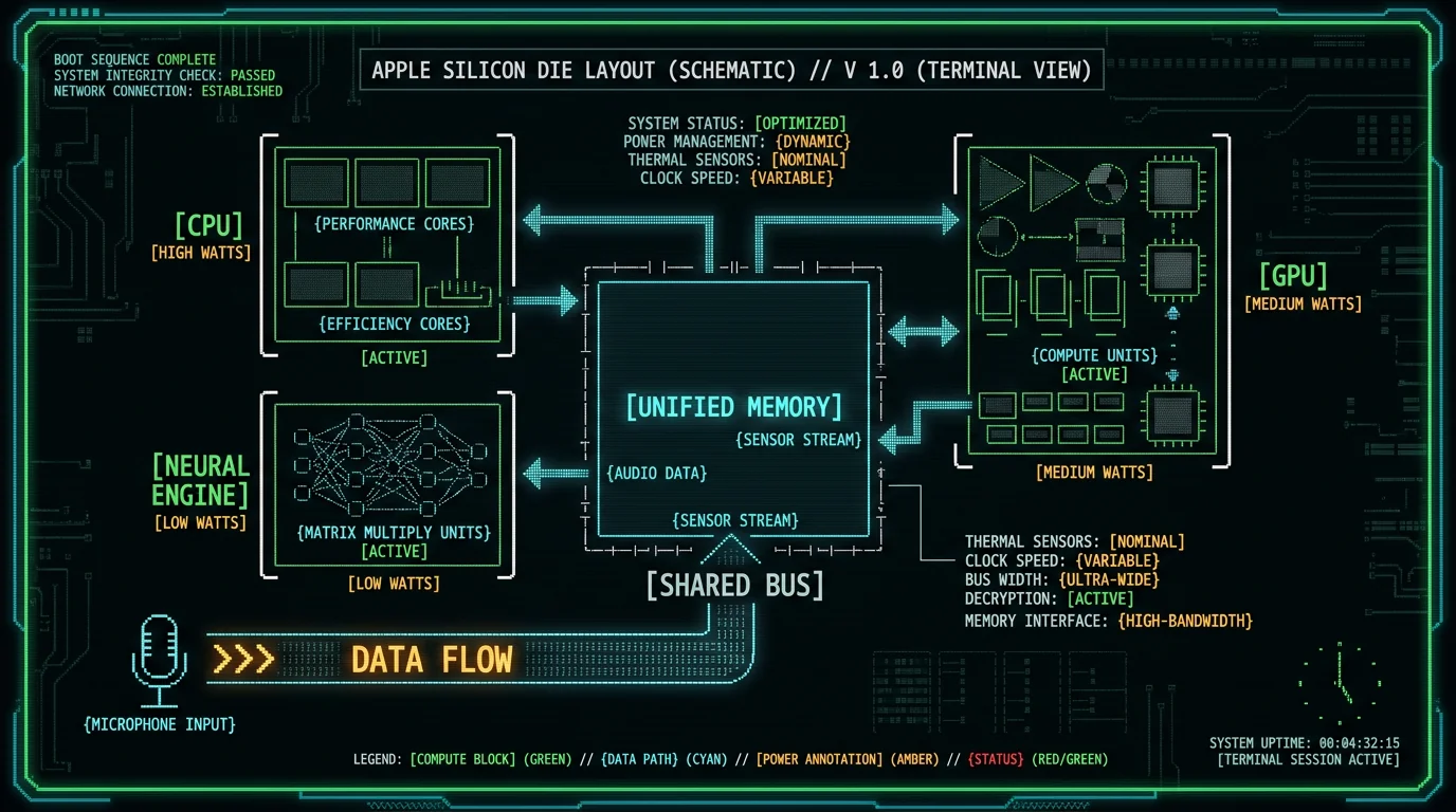 Apple Silicon die layout diagram showing CPU, GPU, and Neural Engine compute units and power use