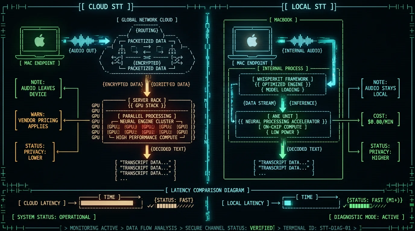 Cloud vs local Whisper transcription privacy and cost comparison diagram for Mac users