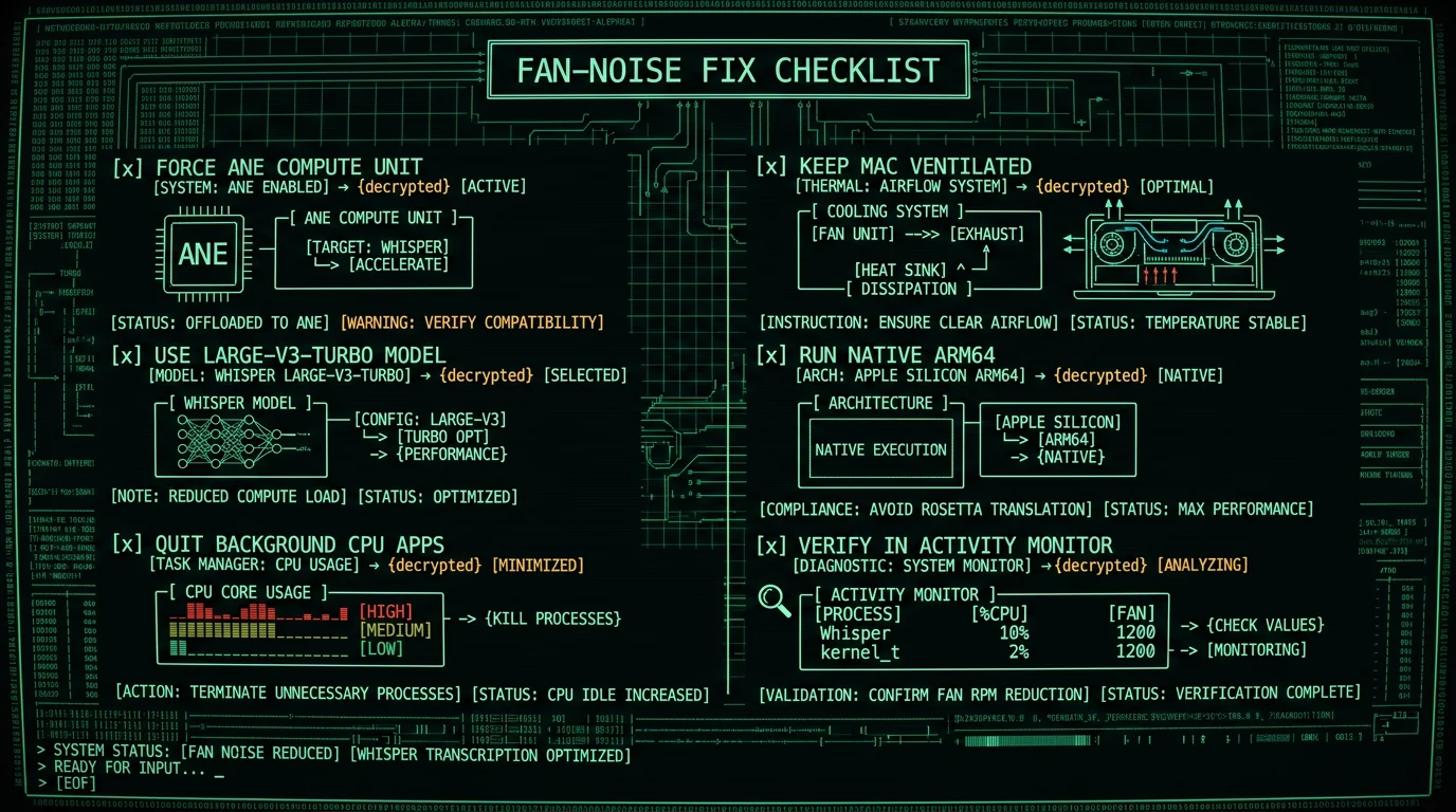 Whisper transcription fan-noise fix checklist for MacBook users