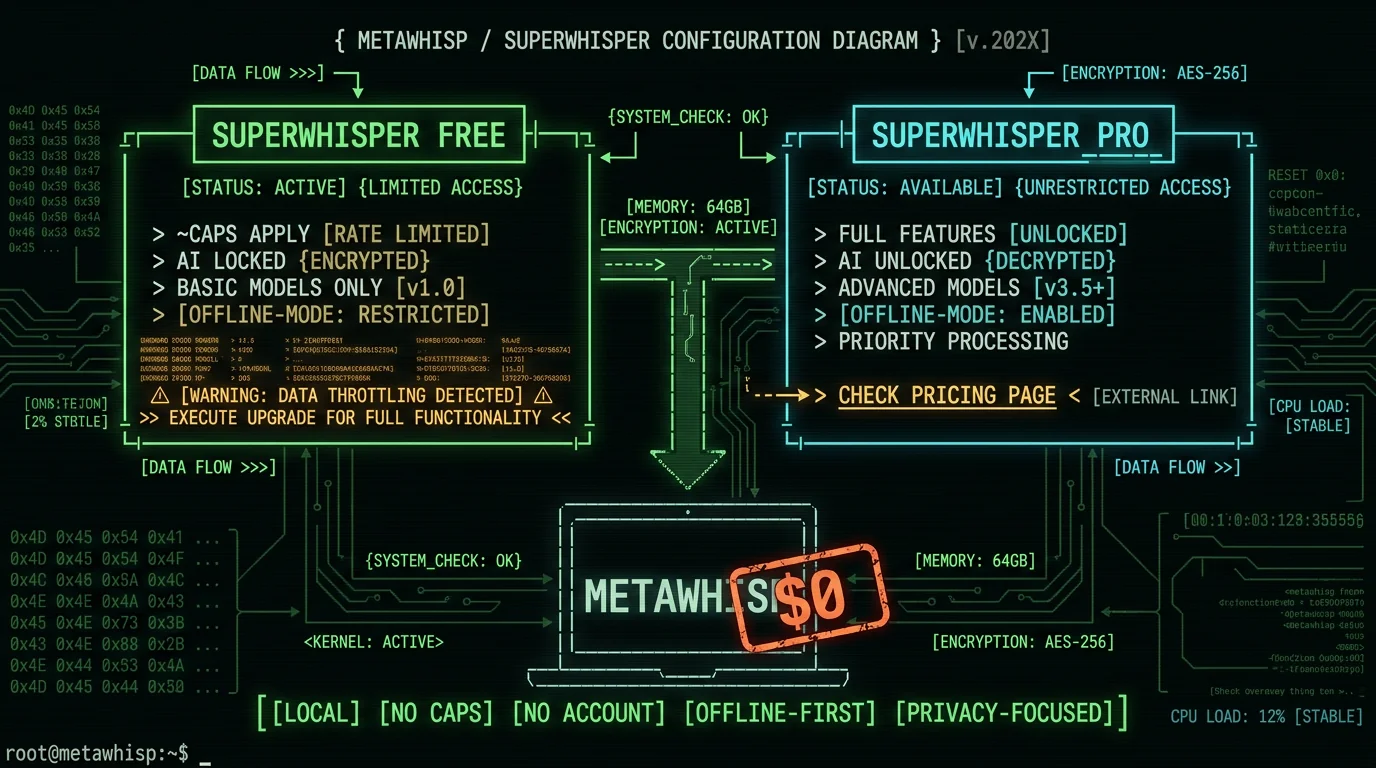 SuperWhisper pricing tiers compared with free on-device MetaWhisp alternative