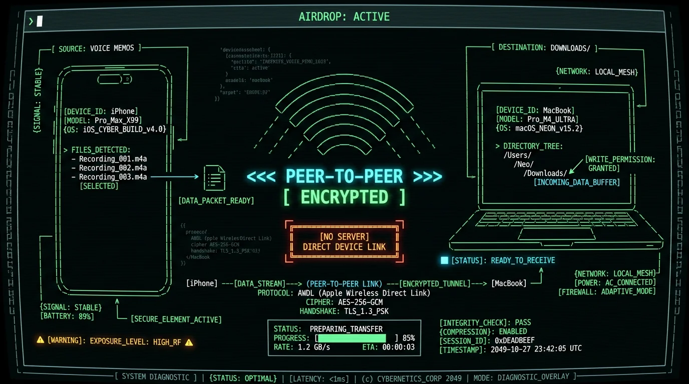 AirDrop peer-to-peer encrypted transfer schematic between iPhone and Mac for local voice memo sync