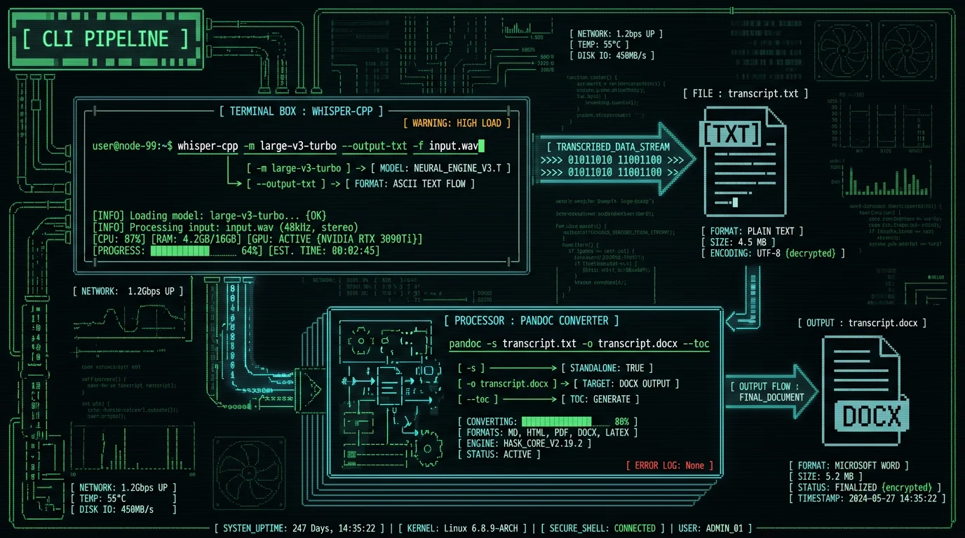 Command-line whisper.cpp and pandoc workflow diagram for transcribing audio to Word docx on Mac with shell commands