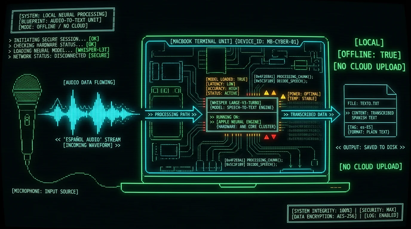Schematic diagram showing Spanish audio transcribed to text locally on MacBook with Whisper large-v3-turbo