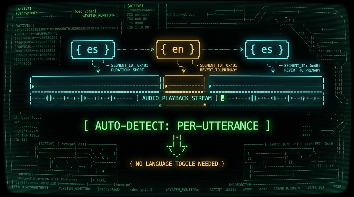 Timeline diagram showing Whisper auto-detecting mixed Spanish and English language segments in a single audio recording