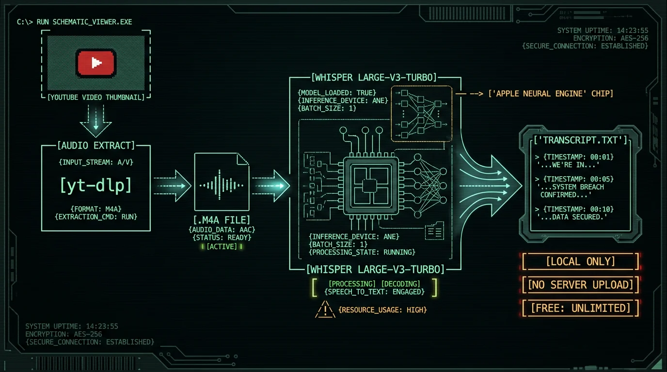 Workflow schematic showing YouTube audio extraction feeding into local Whisper transcription on Mac Neural Engine