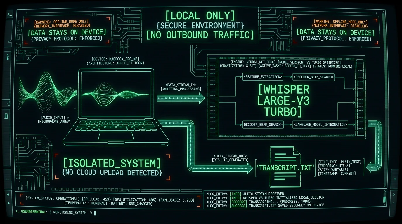 Schematic diagram of on-device voice-to-text processing showing audio staying local on MacBook