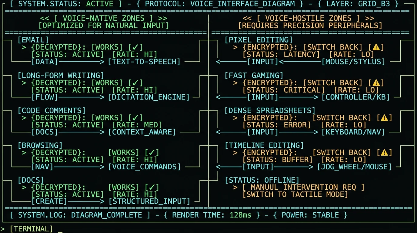 Task-fit grid diagram comparing voice-native Mac tasks like email and writing against voice-hostile tasks like image editing and gaming