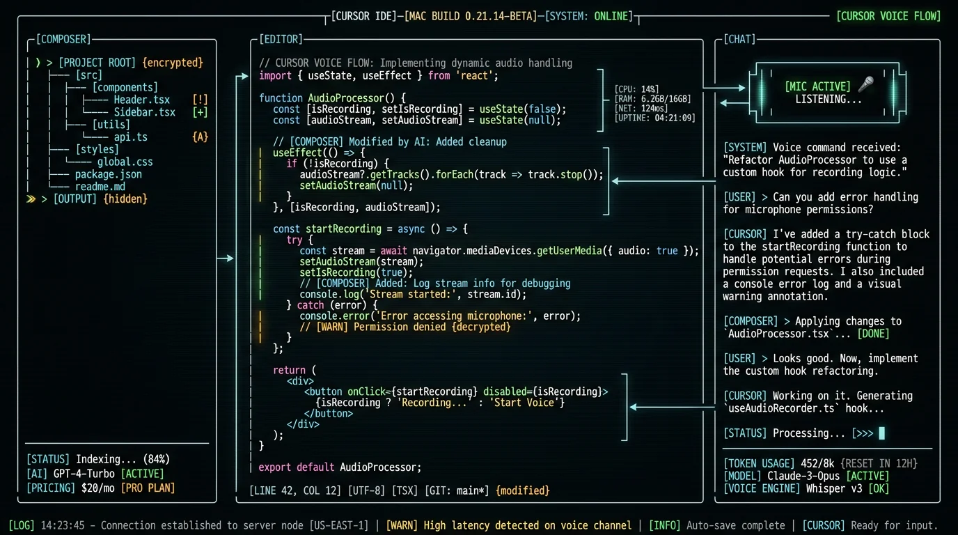 Cursor IDE voice coding workflow showing Composer chat panel with voice input on Mac for AI-driven code editing