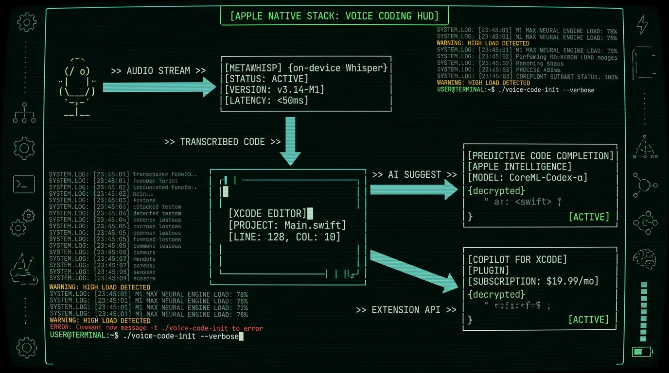 Xcode voice coding workflow diagram showing MetaWhisp dictation feeding Predictive Code Completion and Copilot for Xcode on Apple Silicon Mac