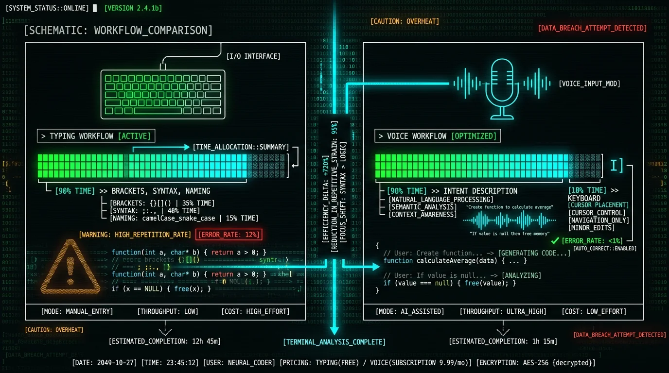 Voice coding versus typing workflow comparison schematic showing time allocation for Mac developers using AI agents