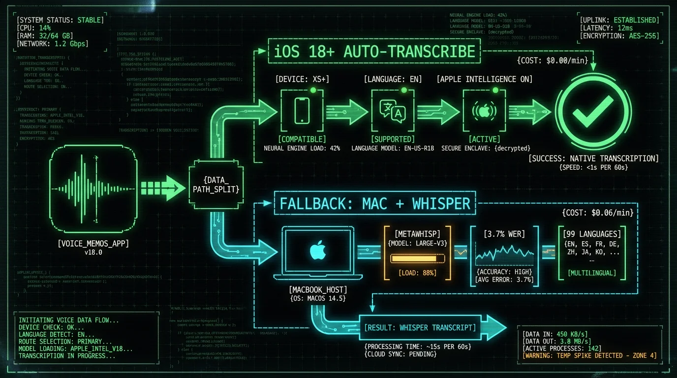 iPhone Voice Memos transcription fix flowchart showing iOS 18 auto-transcribe requirements vs Mac Whisper fallback workflow