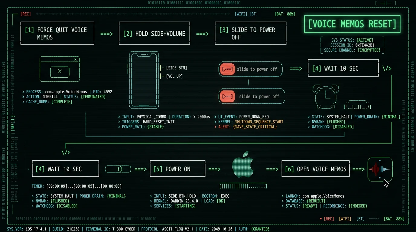 iPhone Voice Memos transcription fix step-by-step restart procedure diagram for iOS 18 troubleshooting