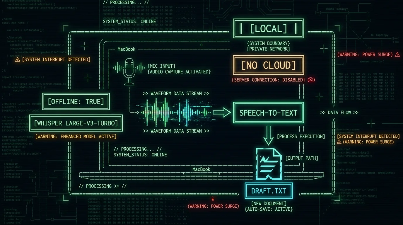 Schematic of offline voice to email software pipeline running Whisper locally on a MacBook