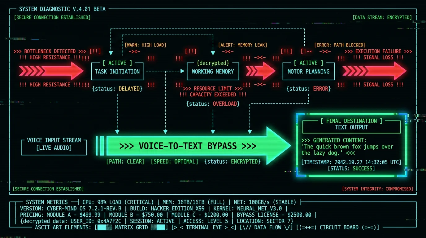 ADHD executive function bottlenecks diagram showing voice-to-text bypassing task initiation working memory and motor planning for ADHD writers
