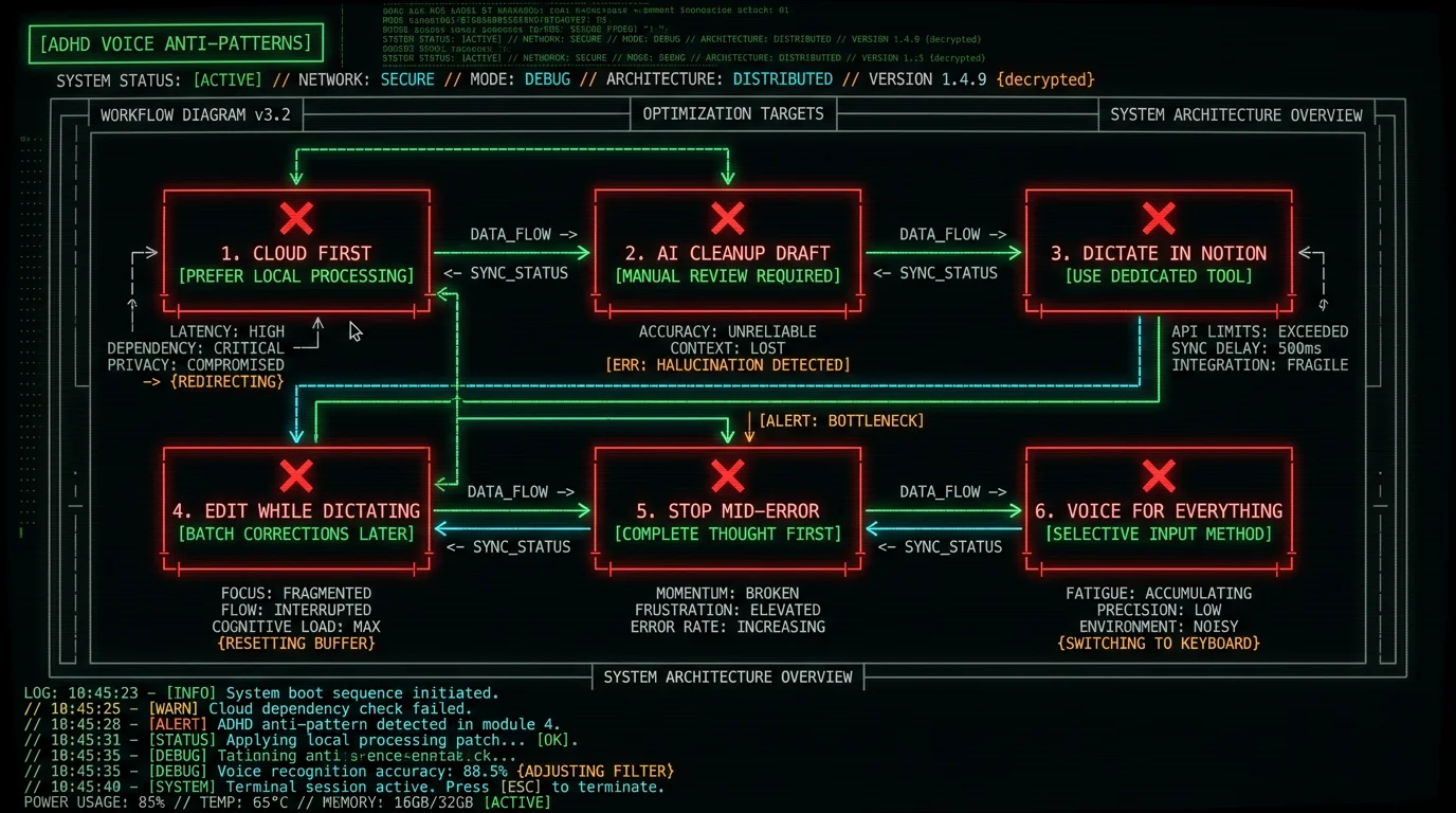 ADHD voice-to-text common mistakes diagram showing six anti-patterns and corrections for Mac writers