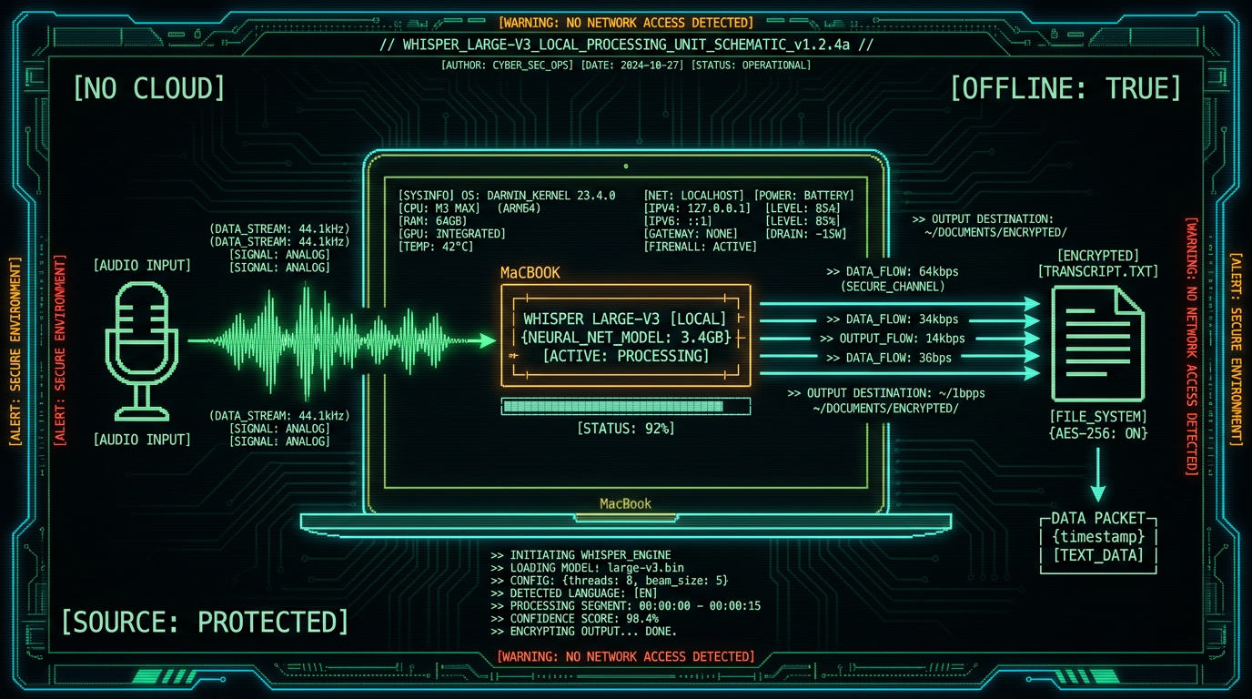 Schematic diagram of offline voice-to-text workflow for Mac journalists protecting source confidentiality