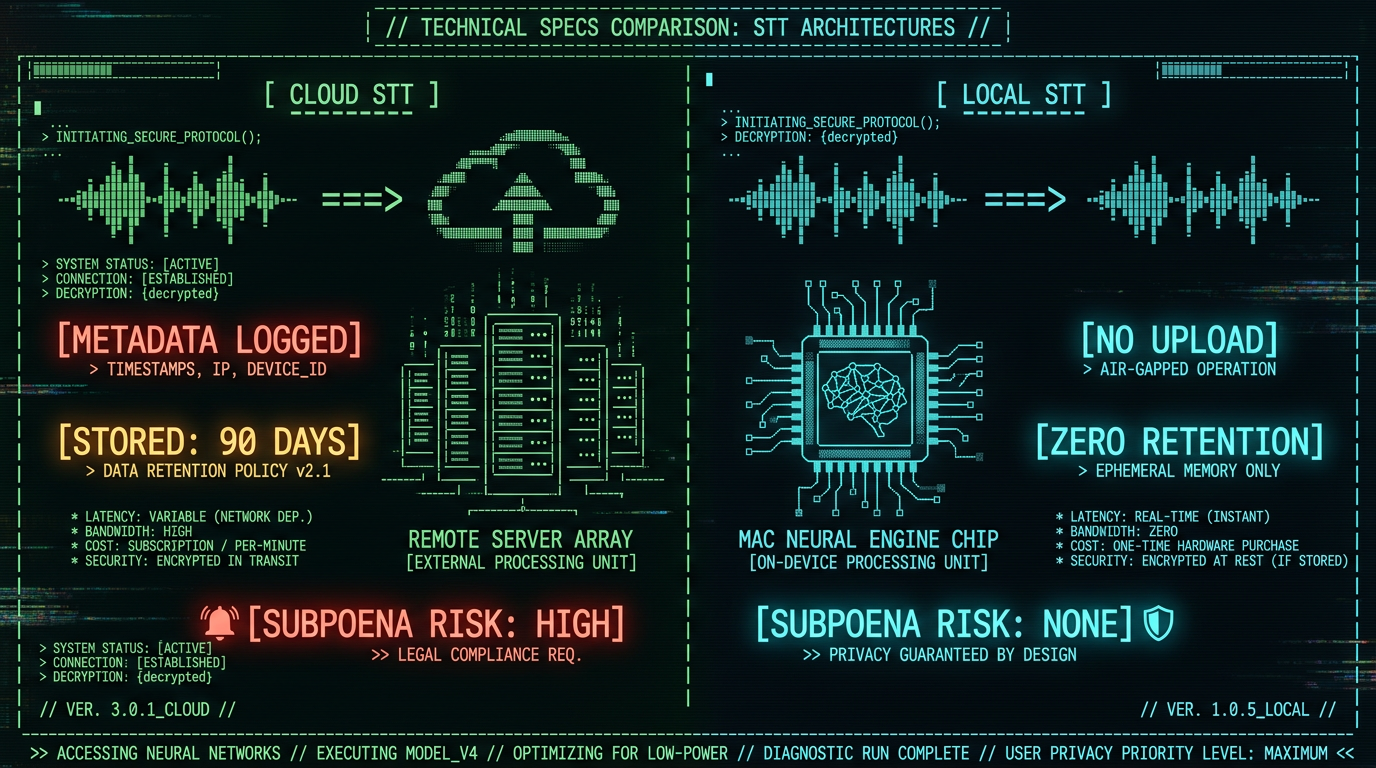 Cloud versus local voice-to-text architecture comparison showing privacy and legal risk differences for journalists