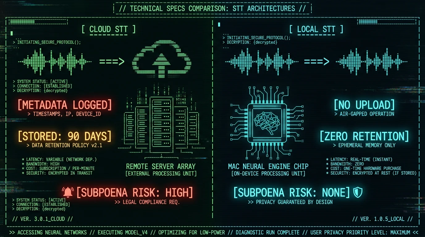 Cloud versus local voice-to-text architecture comparison showing privacy and legal risk differences for journalists