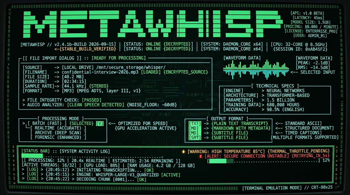 MetaWhisp batch transcription interface for journalist interview audio processing workflow