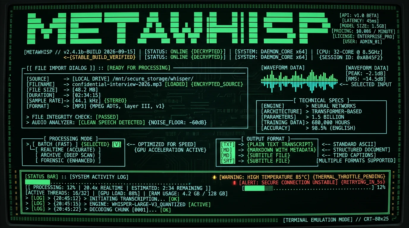 MetaWhisp batch transcription interface for journalist interview audio processing workflow
