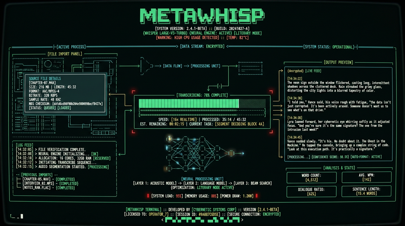MetaWhisp app interface showing real-time Whisper transcription of novelist dictation with literary formatting mode