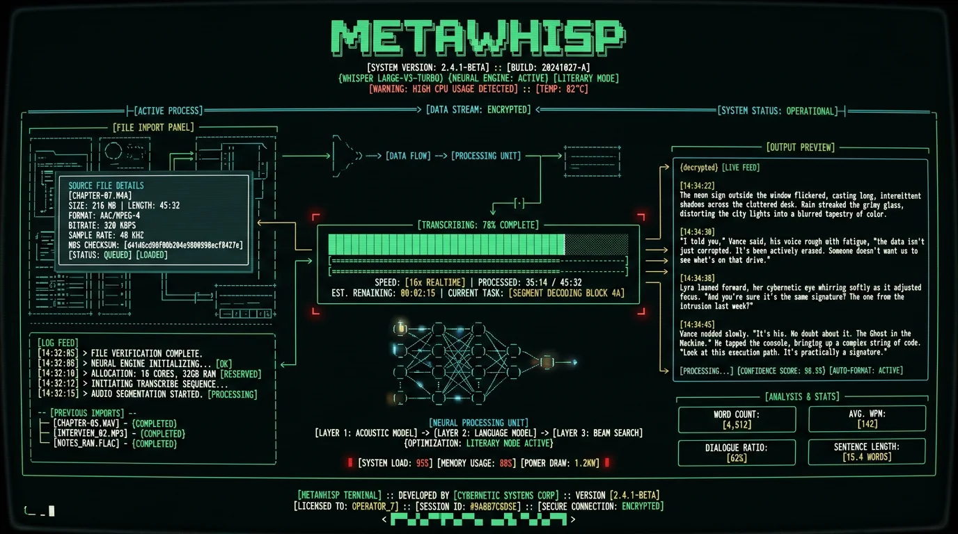 MetaWhisp app interface showing real-time Whisper transcription of novelist dictation with literary formatting mode
