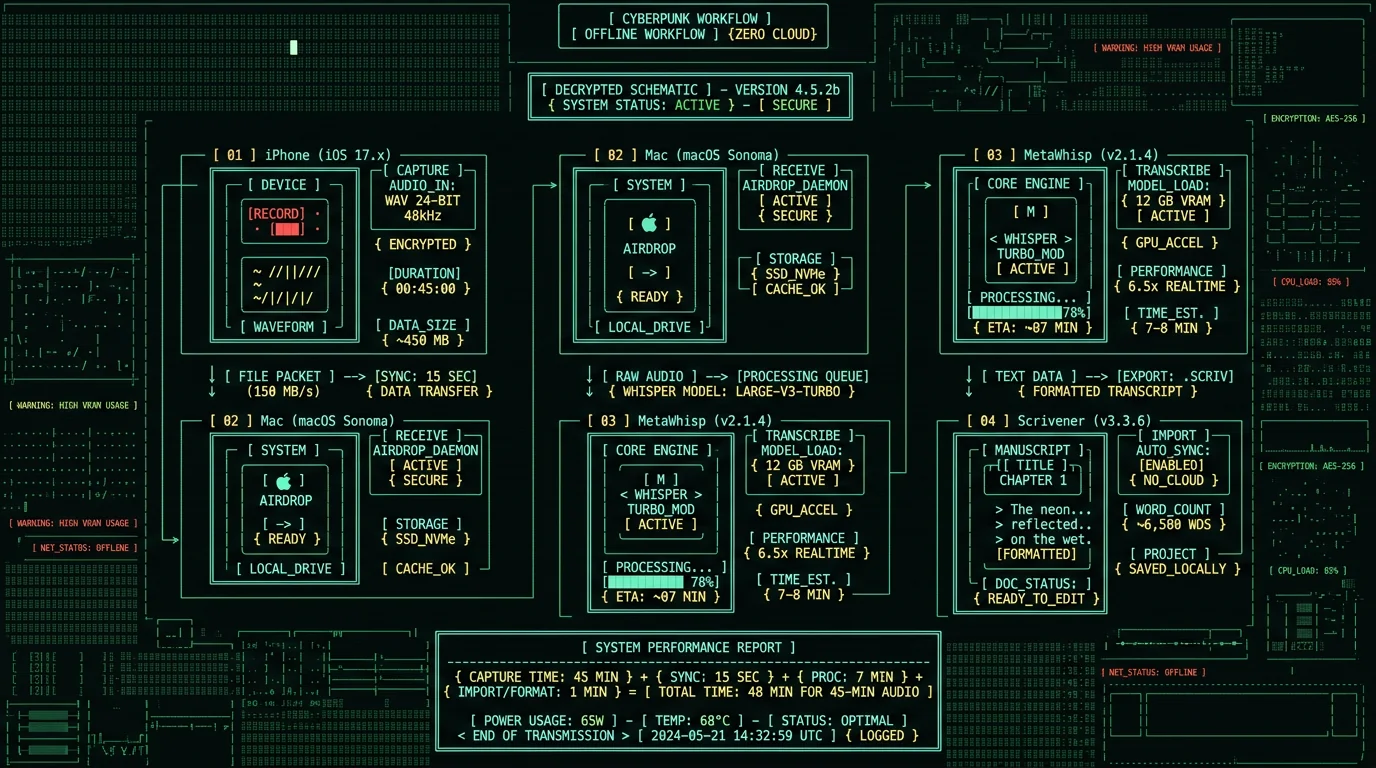 Complete voice-to-text workflow diagram for novelists from iPhone recording to Scrivener manuscript with Whisper transcription