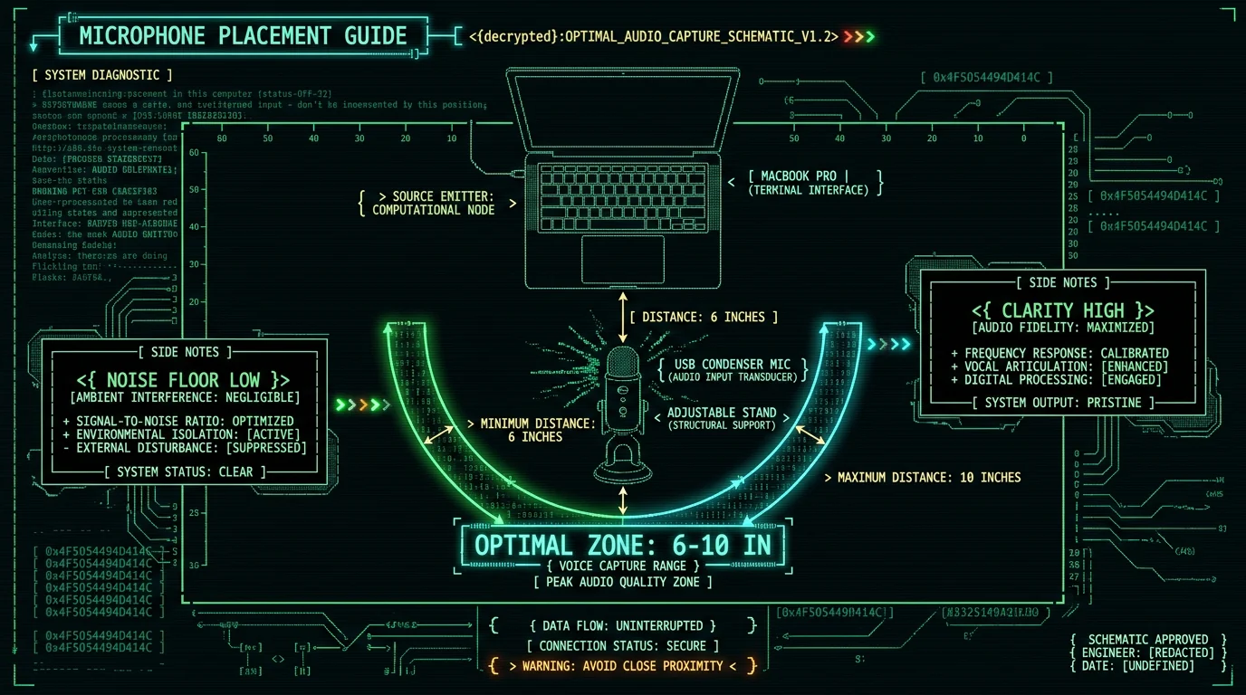 Microphone placement diagram showing optimal distance for clear voice to text capture on Mac