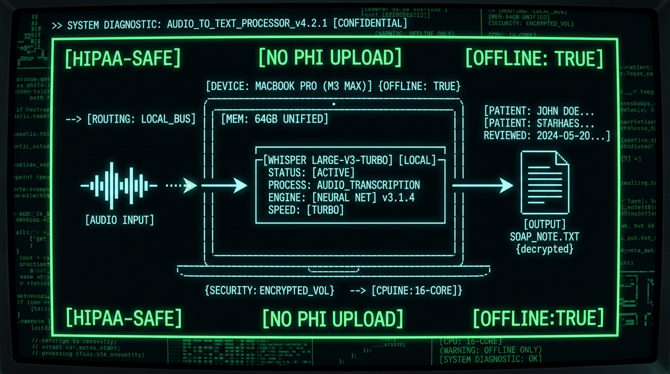 Schematic diagram of HIPAA-safe on-device Whisper voice-to-text pipeline for therapists on Mac