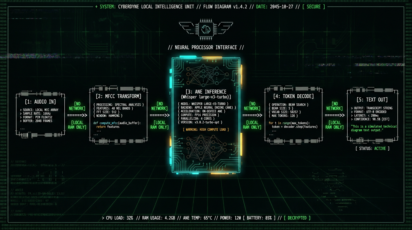 On-device Whisper transcription pipeline technical flow diagram showing local processing on Mac Neural Engine