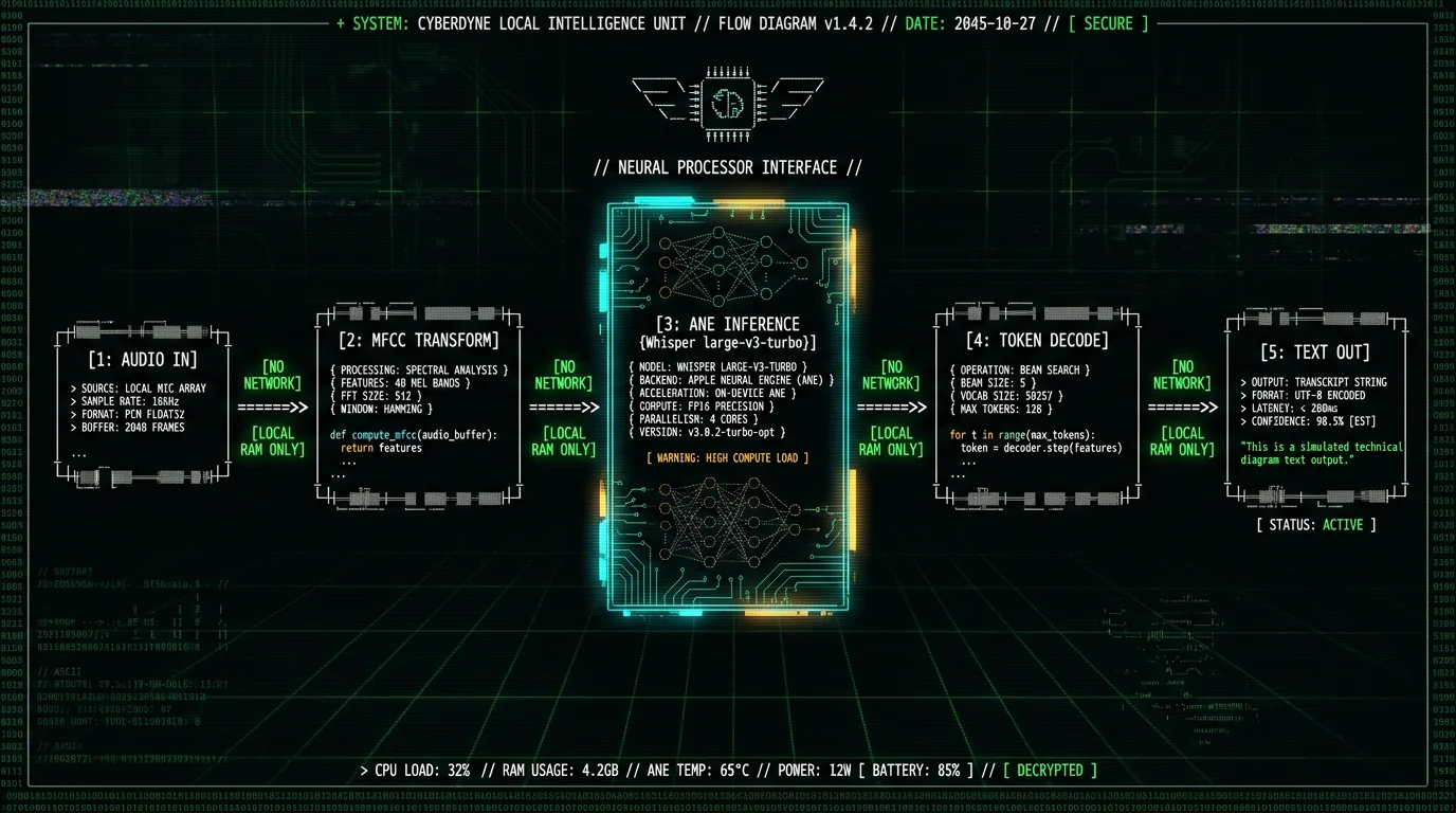 On-device Whisper transcription pipeline technical flow diagram showing local processing on Mac Neural Engine