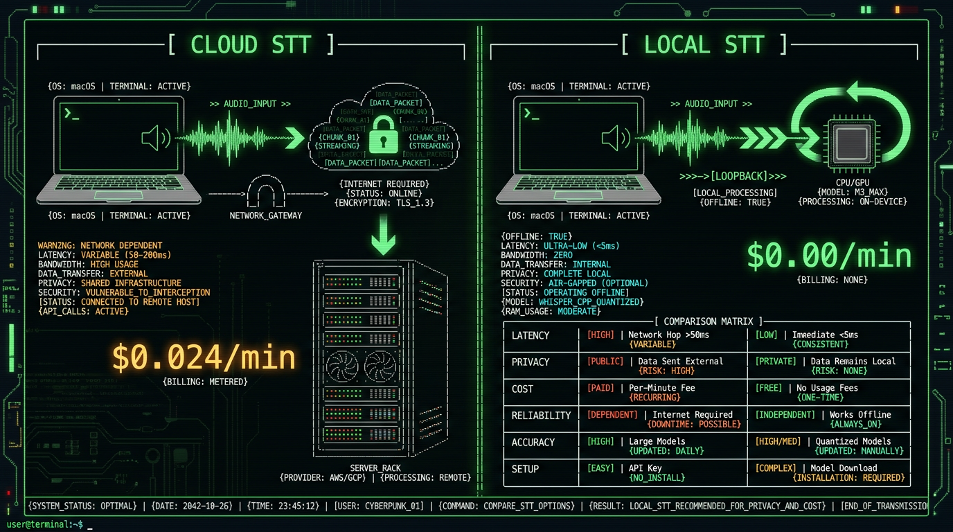 Cloud versus local voice-to-text cost and privacy comparison schematic for Mac therapists