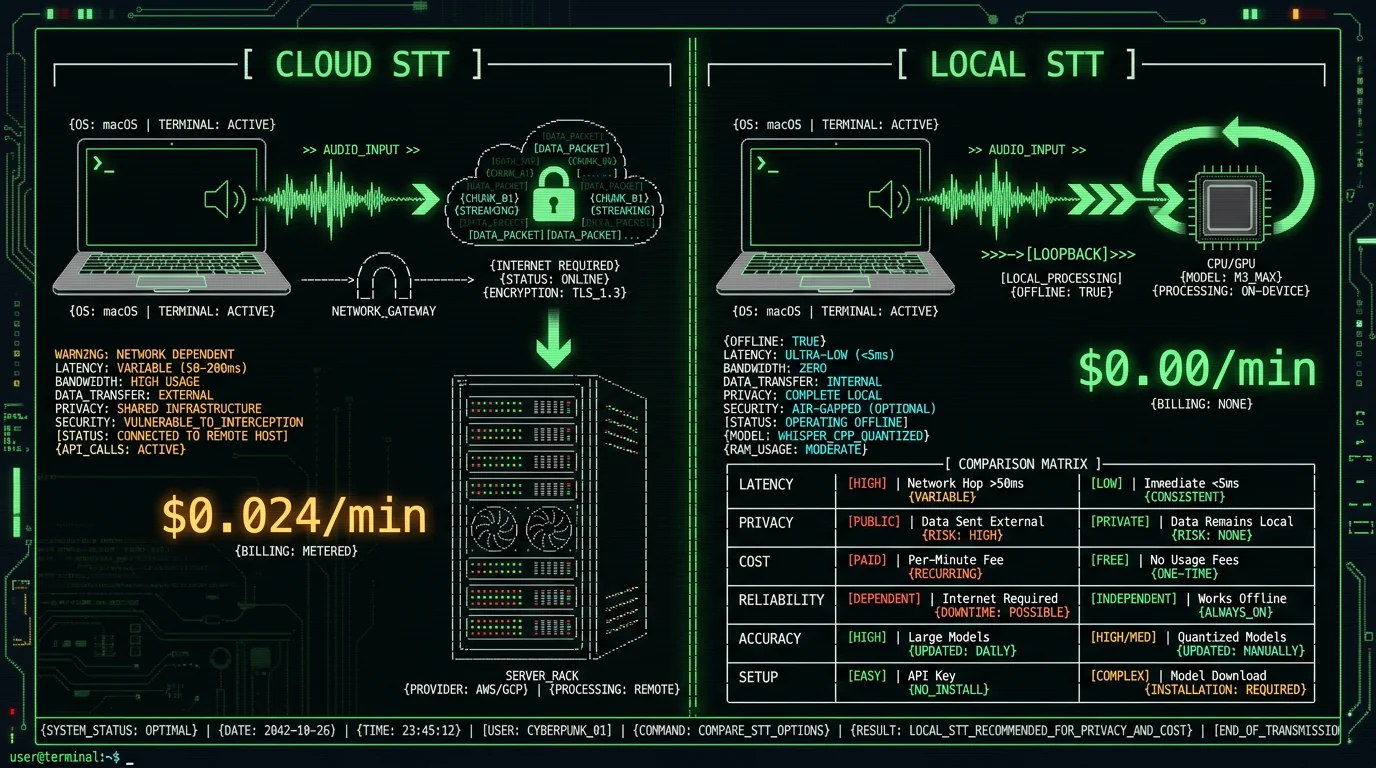 Cloud versus local voice-to-text cost and privacy comparison schematic for Mac therapists