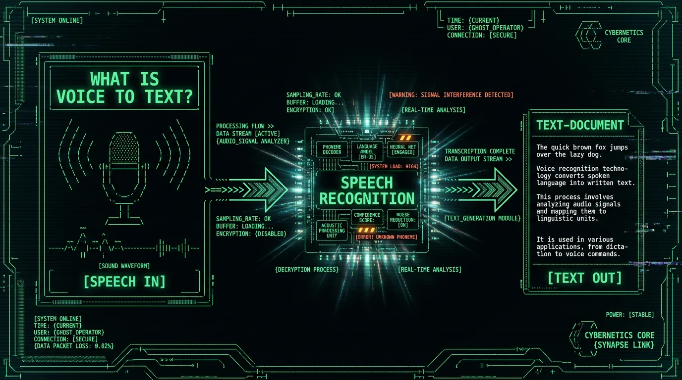 Diagram answering what is voice to text — speech flows through recognition into written text