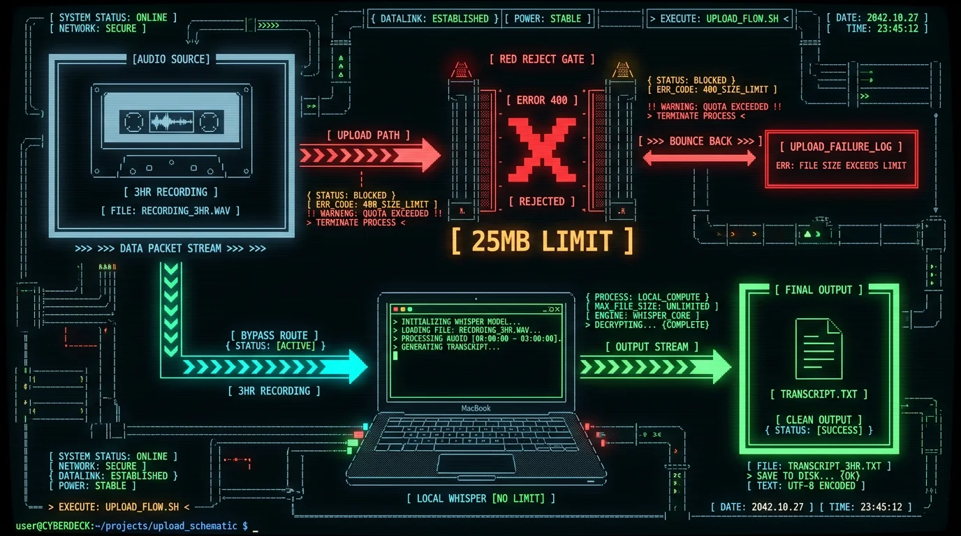 Schematic showing Whisper API 25MB file size limit rejecting large audio file versus local Whisper processing it without restrictions