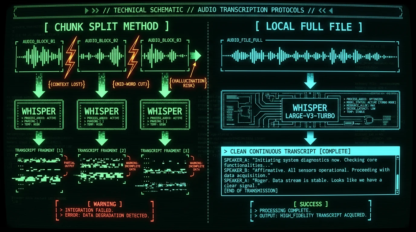 Comparison diagram showing audio chunking problems versus single-pass local Whisper transcription for long audio files