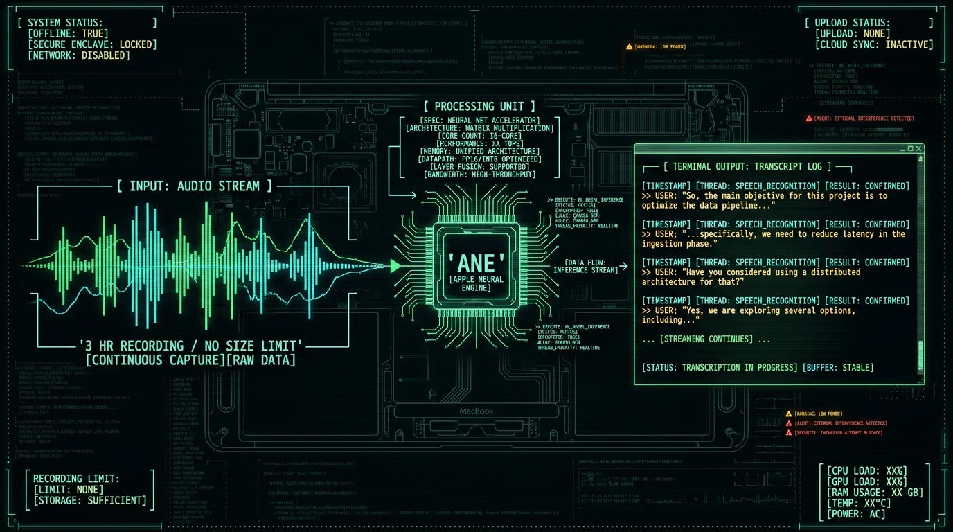 Local Whisper transcription on Apple Neural Engine processing long audio recording with no file size limit on MacBook