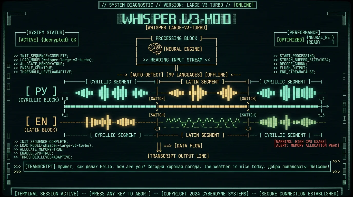 Schematic diagram of Whisper large-v3-turbo handling Russian English code-switched audio on Apple Silicon Mac