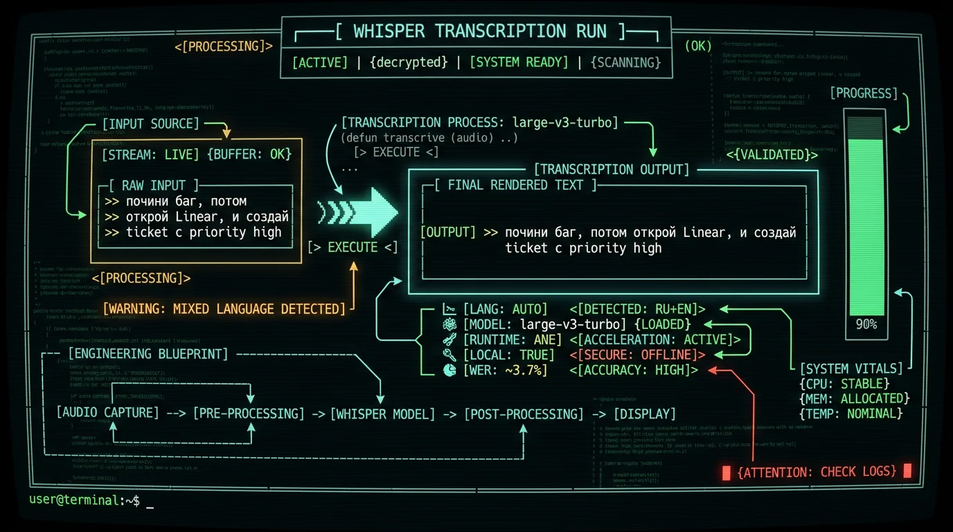 Real-world example of Whisper large-v3-turbo correctly transcribing mixed Russian English dictation on macOS