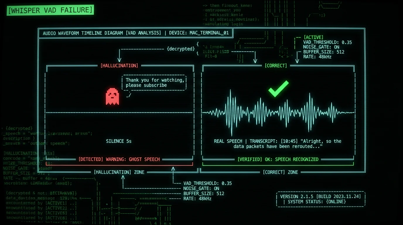 Whisper hallucination diagram showing silent audio producing invented 'thank you for watching' text versus real speech producing accurate transcript on Mac