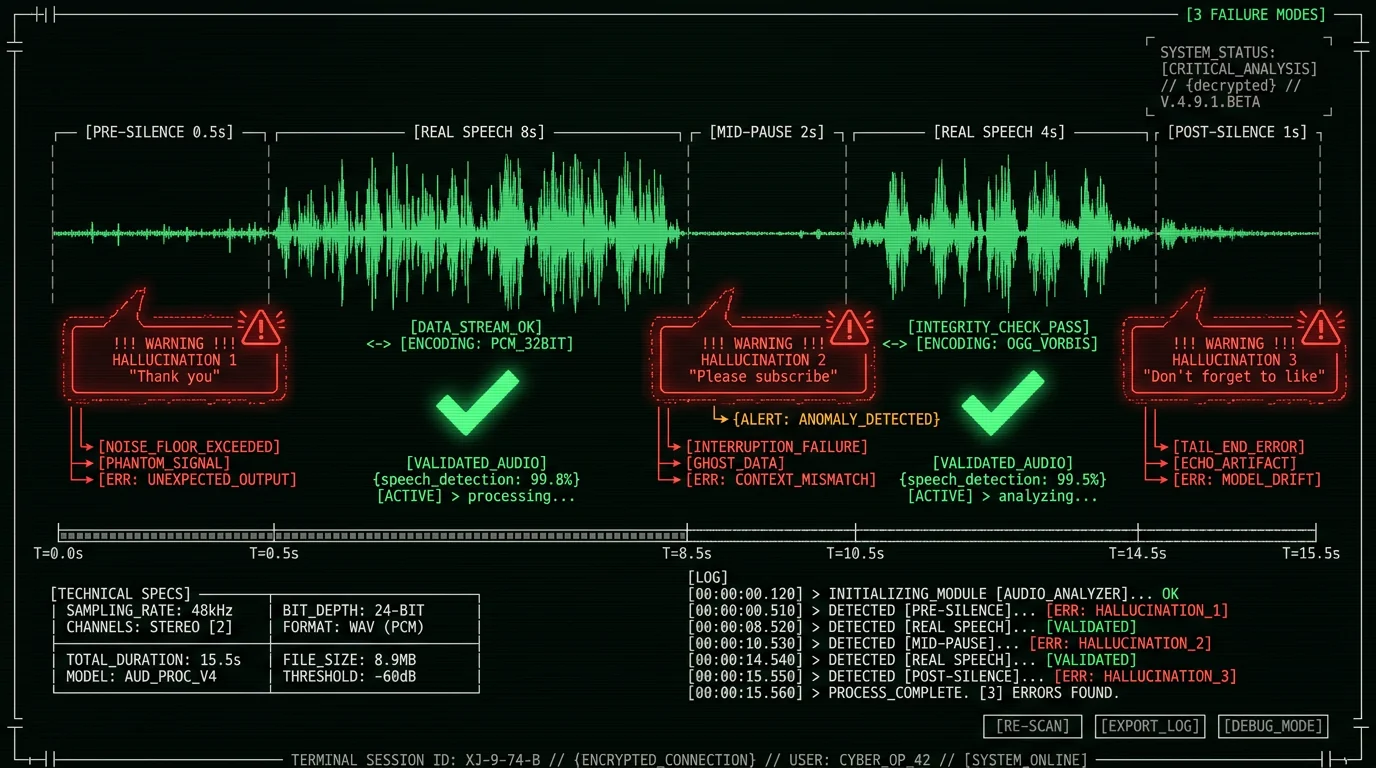 Whisper hallucination failure modes diagram showing pre-recording silence mid-pause and post-recording silence triggers in voice-to-text workflow on Mac