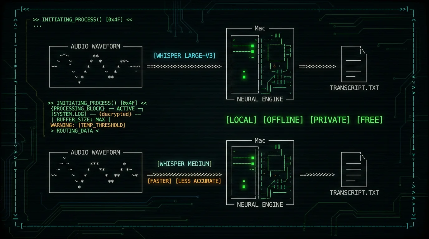 Mac Neural Engine running Whisper large-v3 locally for accent accuracy comparison