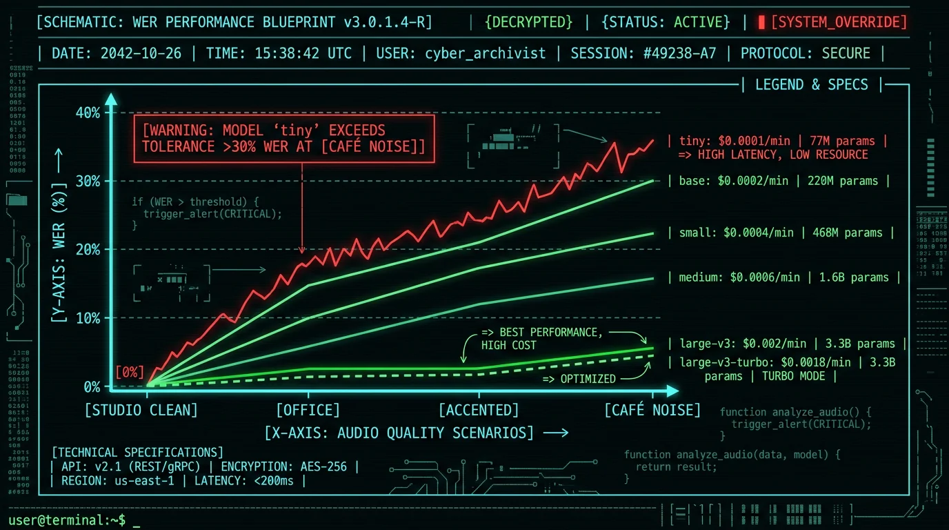 Whisper model accuracy degradation chart comparing WER across studio, office, accented, and noisy audio for Mac transcription workflows