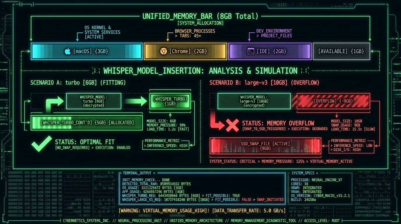 Mac unified memory layout schematic showing which Whisper model sizes fit in 8GB RAM without swap thrashing for voice-to-text apps